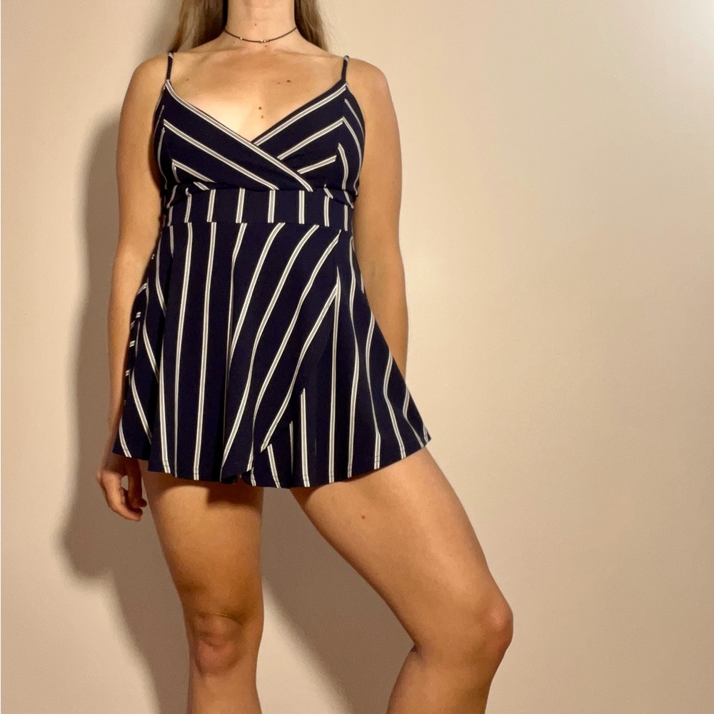 Revamped Pinstripe navy blue romper. Size small